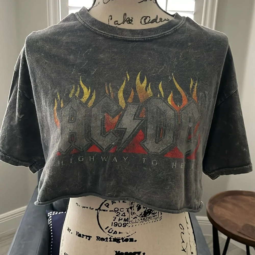 ACDC Cropped Graphic Tee, Grey Marble Print - Medium - Picture 1 of 2